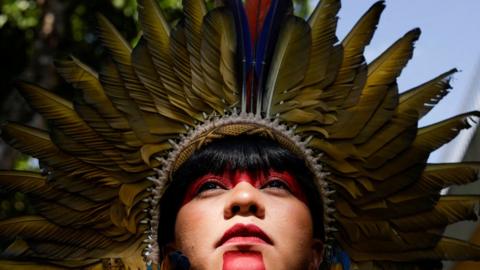 Celia Xakriaba poses for a picture during the seminar of the natives of the land and indigenous women leaders in Brasilia, Brazil, 15 October 2022.