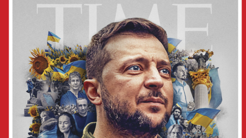 A picture of the Ukrainian president with flowers behind him