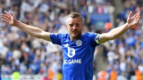 Jamie Vardy celebrates scoring his 200th goal for Leicester City