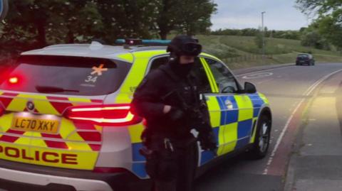 An armed police officer dressed in body armour stands next to a marked police car on a road running through an urban green space. Other police cars are visible further down the road. 
