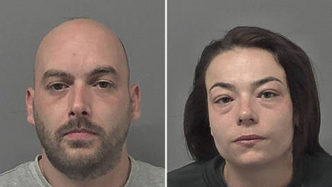 A two-way composite of two people in police mugshots. A bald man on the left has a brown beard and moustache and grey top on and a woman on the right has long brown hair.