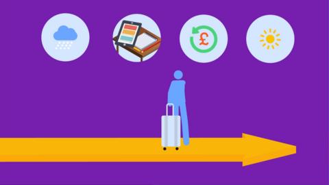 Illustration, a person with a suitcase on an arrow underneath icons for weather, school and money.