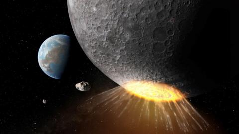 Artistic rendering shows an asteroid striking near the Moon's south pole about 3.8 billion years ago.