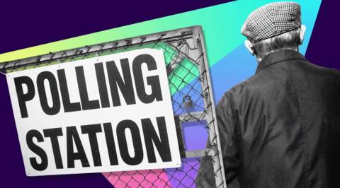 A graphical image of man wearing a flat cap and a waxed jacket walks past a gate with Polling Station sign on it