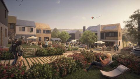 Artist's impression of the Langarth Garden Village with people walking along a footpath and other people in gardens.