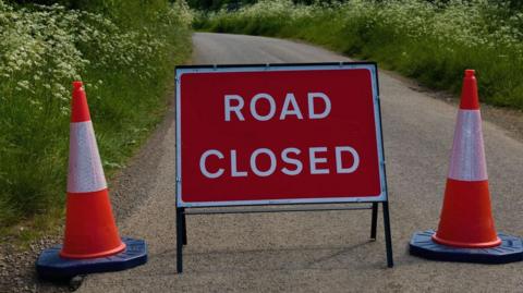 A red and white sign saying "road closed" placed on a country road between two orange traffic cones. The road stretches out behind it, with grass and white flowers on the verges.