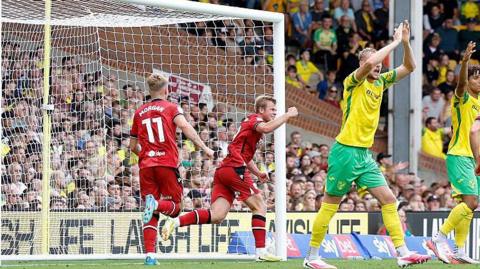 West Brom striker Aune Heggebo celebrates scoring against Norwich