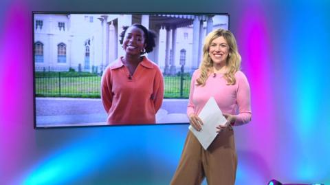 Jenny in the studio with Emma-Louise in the screen
