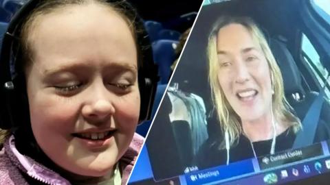 Split image of Eryn wearing headphones in a cinema, and Kate Winslett on a computer screen talking to Eryn