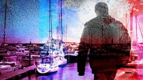 A man walking in silhouette are superimposed over a vibrant marina scene. The image has been edited so the marina has an overlay of colours - blue, purple and red