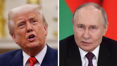 Donald Trump in blue suit on the left. Split image. Putin on the right in a black suit.