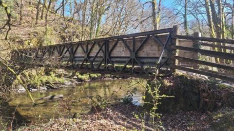 A wooden and steel footbridge over a river on Exmoor. There is a hill to the left, with trees on.
