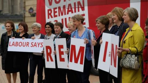 Labours Women In For Britain campaign pose for the media outside Birmingham Council House as they join the Labour In battle bus to campaign in the West Midlands