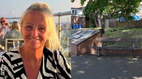 Left: Anita Rose is wearing a black and white zebra print shirt, with her long blonde hair in a ponytail. She is sat at a table at a rooftop bar. She's smiling and looking directly at the camera. Right: The bench where her phone was found
