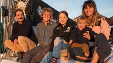 Greta Thunberg on La Vagabonde with Riley Whitlum, Nikki Henderson, Elayna Carausu and baby Lennon