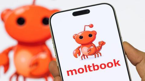 Close up of a person holding a smartphone displaying the Moltbook logo and mascot against a white background with a similar image enlarged 