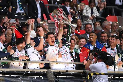 Sunderland lift the Championship play-off trophy. 