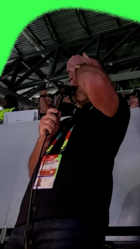 Alan Shearer with his head in his hand as he reacts to Argentina's winning goal against England