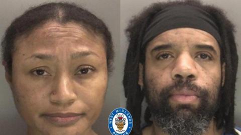 Tamara and Damion Thomas pictured in a mugshot with no expression on their faces. Tamara has he hair slicked back behind her while Damion has thick shoulder length dreadlocks and wears a thick black headband across his forehead.