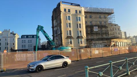 The partially closed A259 on Brighton seafront outside the Royal Albion Hotel