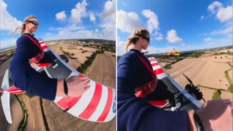 Split image of Sydney Sweeney wing-walking on a plane