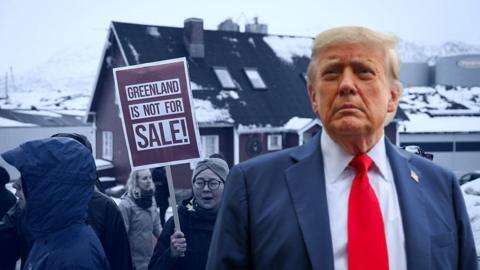 A collage showing protests in Greenland and a photo of Donald Trump 