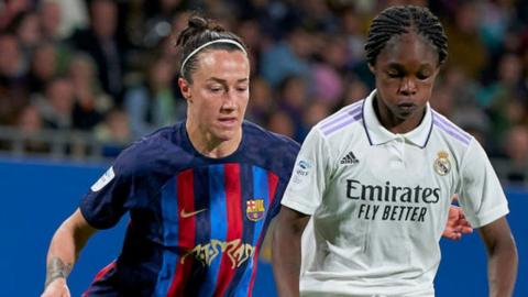 Lucy Bronze and Naomie Feller in action during a Liga F match between Barcelona and Real Madrid