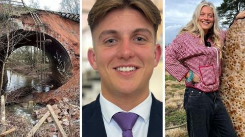 Three images edited together showing rubble over a bridge, a man smiling into the camera and a woman smiling too with blonde hair