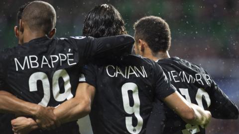 PSG strikers Kylian Mbappe, Neymar and Edinson Cavani