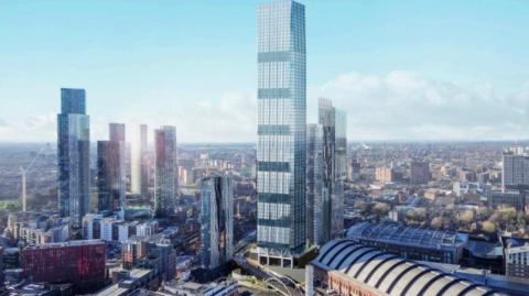 CGI of planned skyscraper with Manchester surroundings.