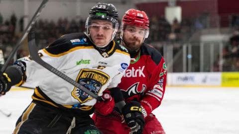  Riley Brandt of Cardiff Devils and Josh Tetlow of Nottingham Panthers