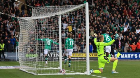 Plymouth players celebrate scoring against Blackburn