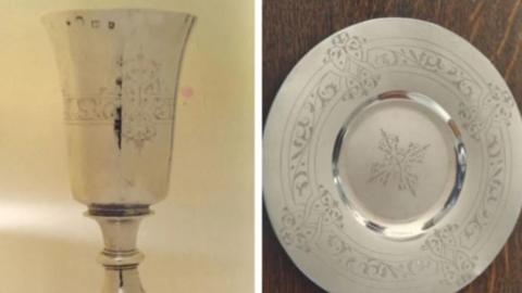 A composite showing a silver chalice from two different angles. On the left, it is pictured from the side, it has some ornate carvings in it. The other image shows the base of the cup, which has swirling designs on it.