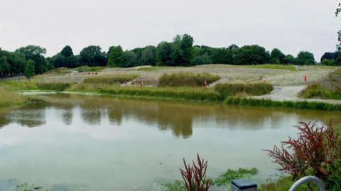 Wide shot of a pond with traffic cones around the edges.