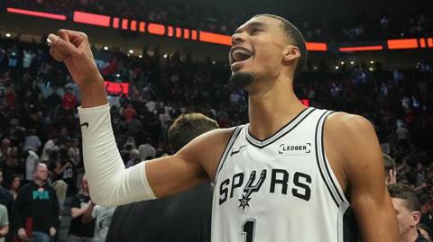 Victor Wembanyama celebrates after the San Antonio Spurs win game four of their NBA play-off series against the Portland Trail Blazers in April 2026