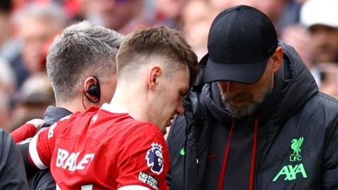 Liverpool right-back Conor Bradley goes off injured against Crystal Palace