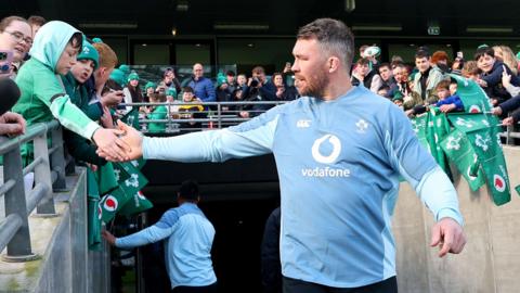 Peter O'Mahony interacts with fans during Ireland's open training session at Aviva Stadium on Thursday