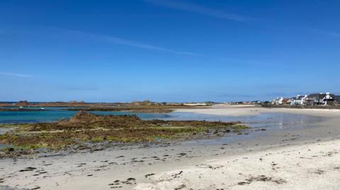 A wide expanse of sand leads to an azure blue sea at Cobo Beach in Guernsey. it is a sunny day with no clouds in the sky.