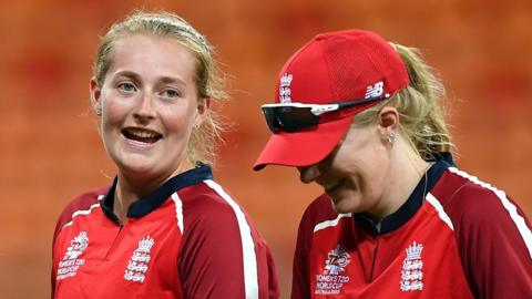 England spinners Sophie Ecclestone (left) and Sarah Glenn (right) walk off after victory over West Indies