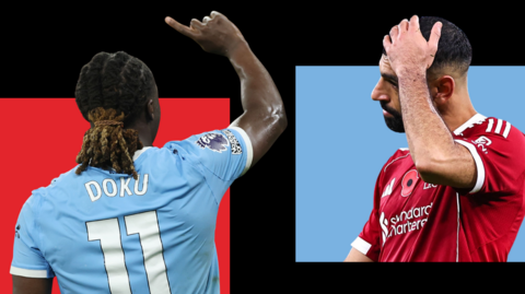 Manchester City's Jeremy Doku and Liverpool's Mohamed Salah