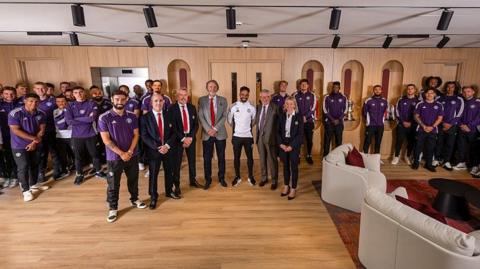 Manchester United minority owner Sir Jim Ratcliffe (centre), with head coach Ruben Amorim (right) and Sir Alex Ferguson (second right) at the opening of the upgraded Carrington training complex in August