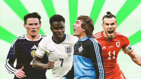A stylised image of four football players. Scott McTominay is shown on the far left in a Scotland shirt with a neutral expression on his face. Bukayo Saka is centre left in an England shirt, also with a neutral expression. Pat Jennings is centre right in a Northern Ireland goalkeeping jersey, calling out to team-mates. Gareth Bale is shown on the far right in a Wales shirt with a captains armband, celebrating a goal. The players are superimposed on a green striped background.