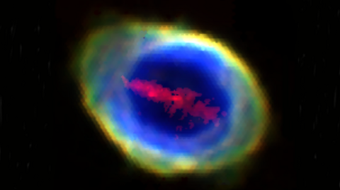 The Ring Nebula in space showing the "red iron bar" in a line across the middle of it. 