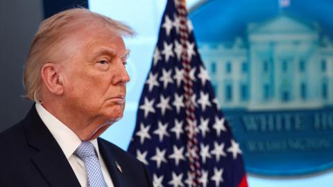 A headshot-style crop shows Trump looking pensively to the right of frame against a backdrop of the stars of the American flag and a plaque picturing the White House, while speaking during a press conference in Washington DC on Monday.
