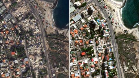 A combination of satellite images shows Caraballeda in Venezuela before (on the right) and after the devastating earthquakes (on the left).