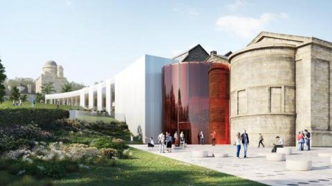 An artist's impression of the entrance to Paisley Museum, with red glass as the entrance.