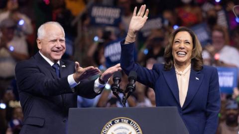 Democratic presidential candidate US Vice President Kamala Harris holds a campaign rally with her new running mate Democratic vice presidential candidate Minnesota Governor Tim Walz at the Liacouras Center at Temple University in Philadelphia, Pennsylvania, USA, on 6 August 2024