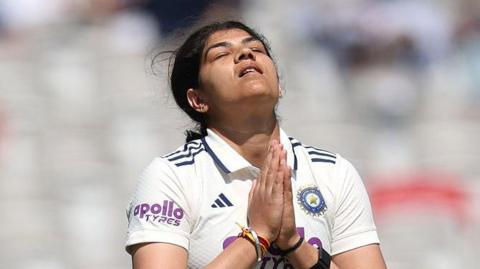 India batter Yastika Bhatia celebrates her century during day three of the 1st Women's Rothesay Test Match between England and India at Lord's Cricket Ground on July 12, 2026 in London, England.