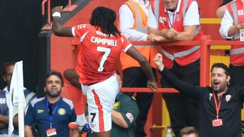 Tyrese Campbell celebrates his winner for Charlton against Derby County
