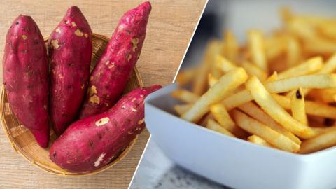 Fresh sweet potatoes in a basket alongside French Fries in a white bowl